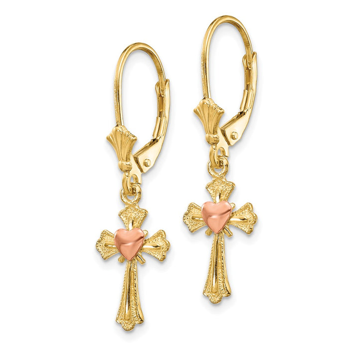 10K Two-tone Heart on Cross Leverback Earrings-10K4528