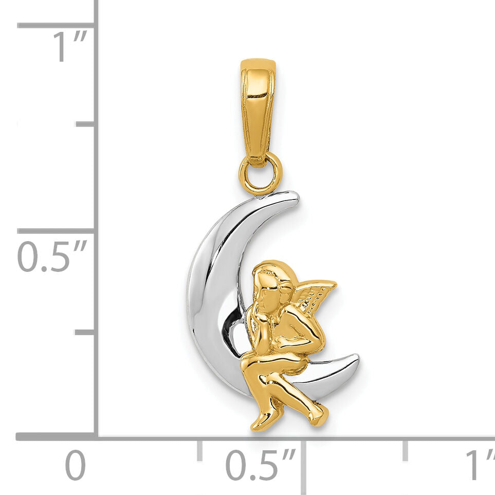 10k & Rhodium Polished Moon w/ Angel Pendant-10K4816