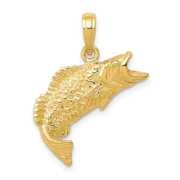 10K Gold Polished & Textured Bass Fish Pendant-10K5362