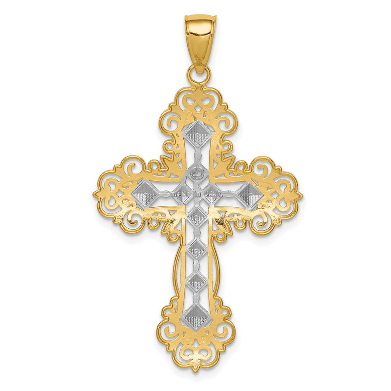 10K & Rhodium Polished & Textured Diamond Pattern Cross Pendant-10K5458