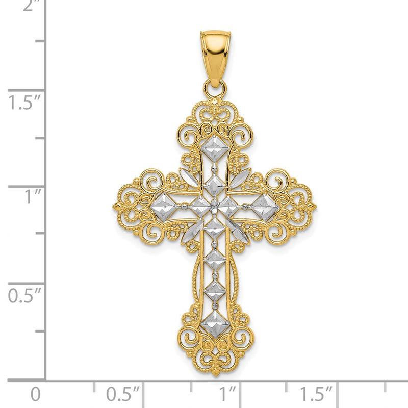 10K & Rhodium Polished & Textured Diamond Pattern Cross Pendant-10K5458