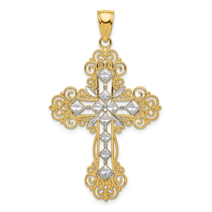 10K & Rhodium Polished & Textured Diamond Pattern Cross Pendant-10K5458