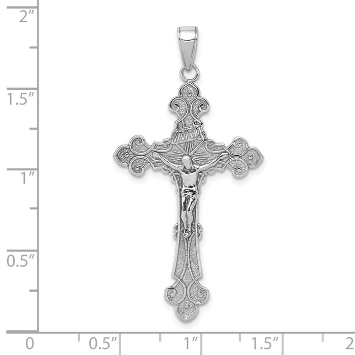 10K White Gold Polished Textured INRI Crucifix Fleur de Lis Pendant-10K5571W