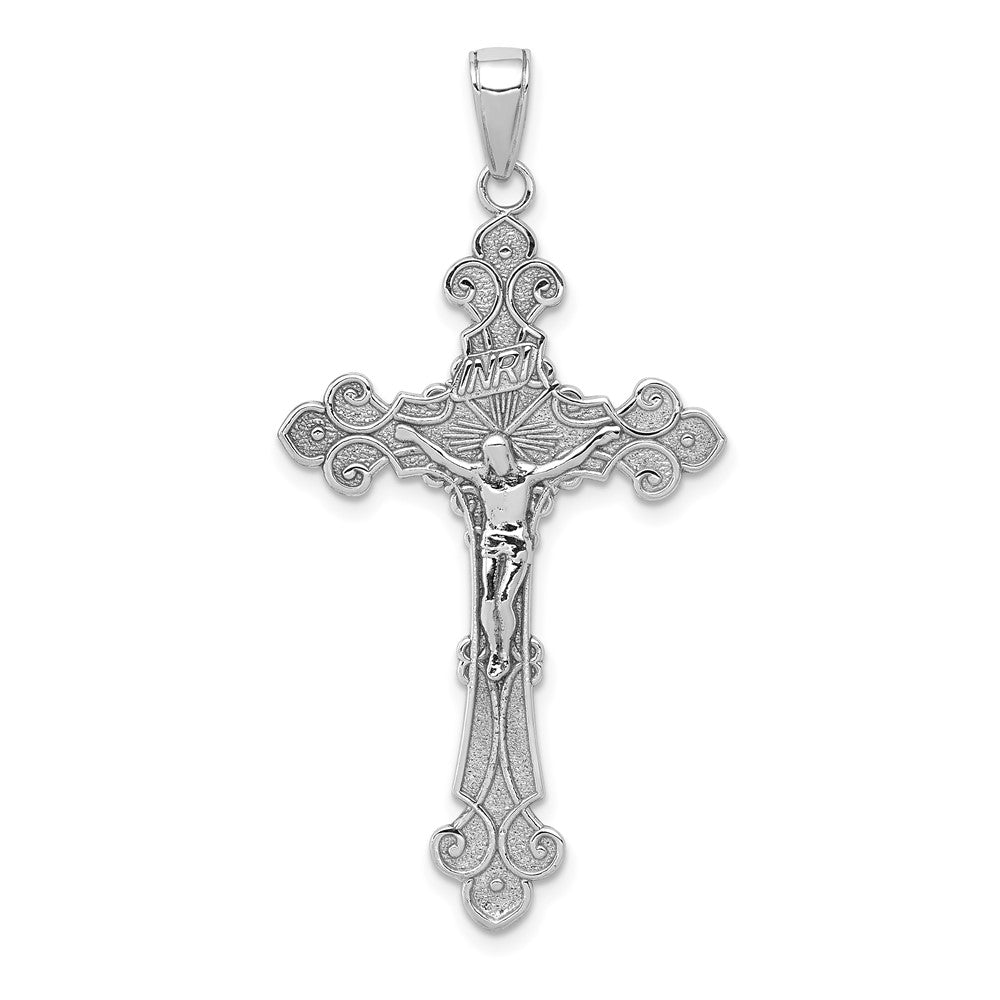 10K White Gold Polished Textured INRI Crucifix Fleur de Lis Pendant-10K5571W