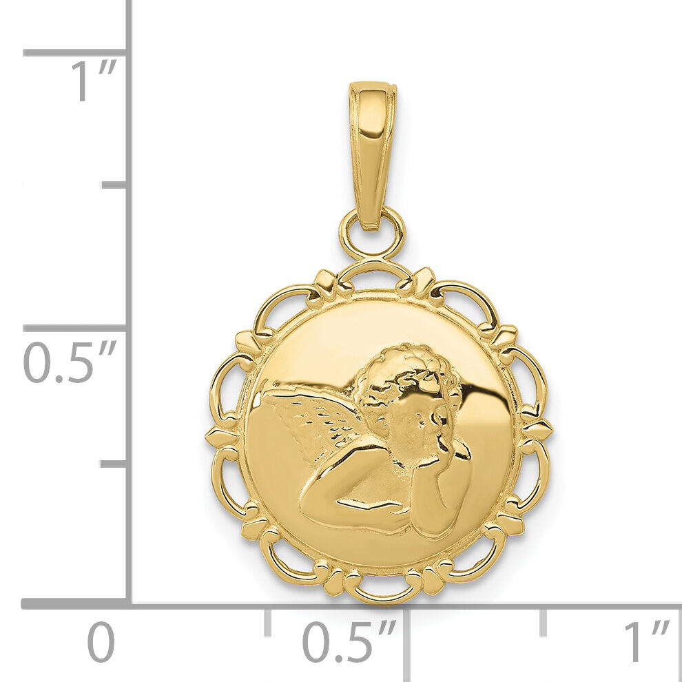 10K Gold Polished Angel/Cherub on Round Scallop Frame Pendant-10K5691