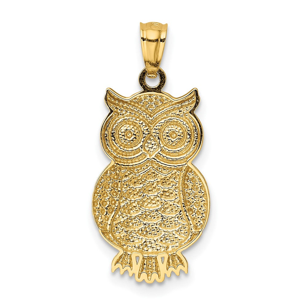 10K & Rhodium Polished & Textured Owl Pendant-10K5978