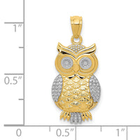 10K & Rhodium Polished & Textured Owl Pendant-10K5978