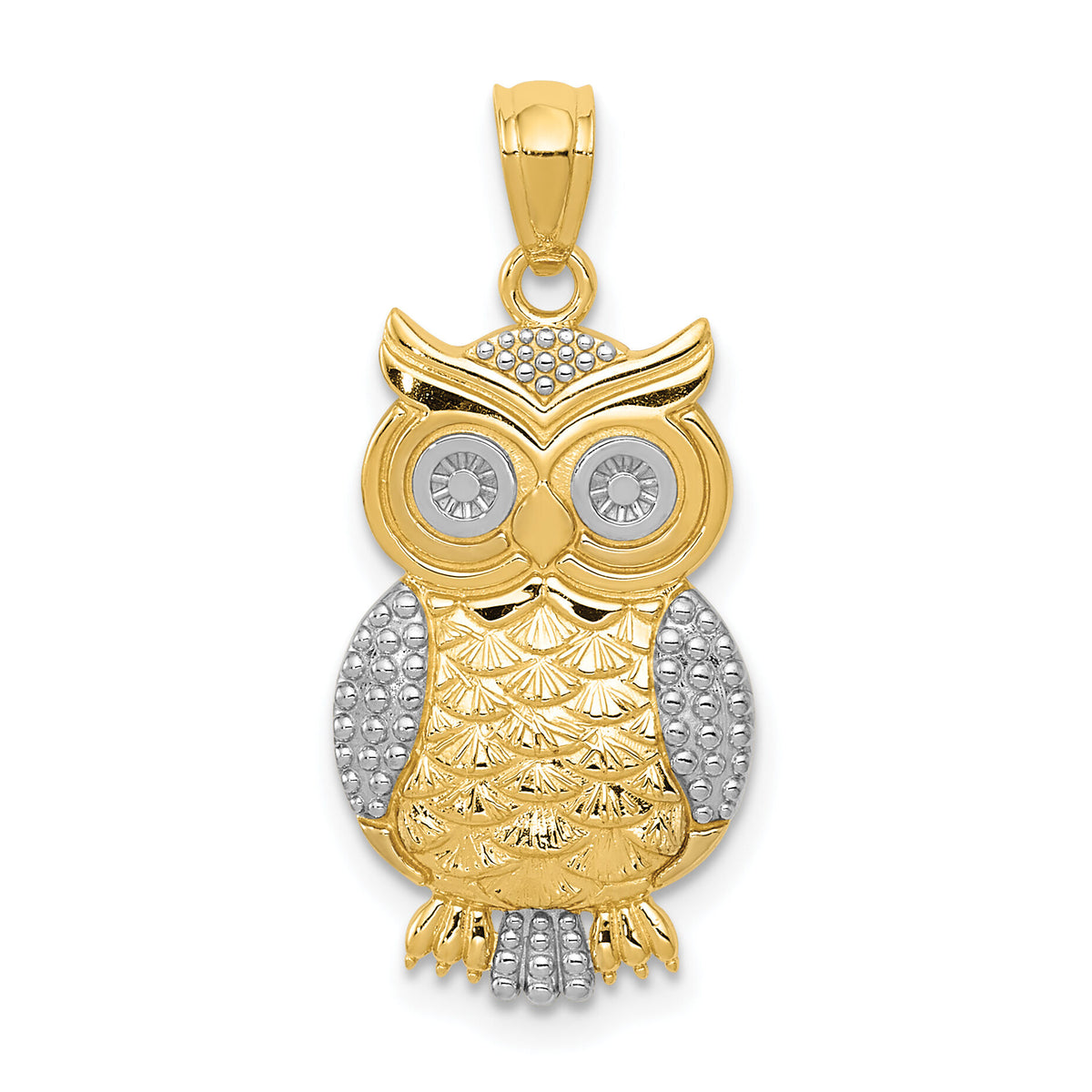 10K & Rhodium Polished & Textured Owl Pendant-10K5978