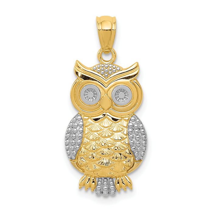 10K & Rhodium Polished & Textured Owl Pendant-10K5978