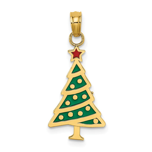 10K Enamel Green Christmas Tree W/ Red Star Charm-10K7089