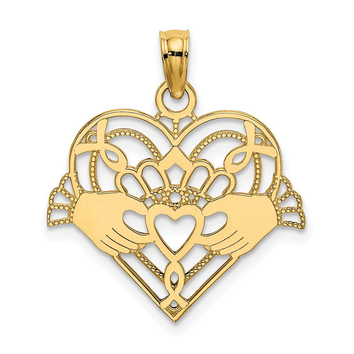 10K Polished and Beaded Claddagh In Heart Charm-10K7191