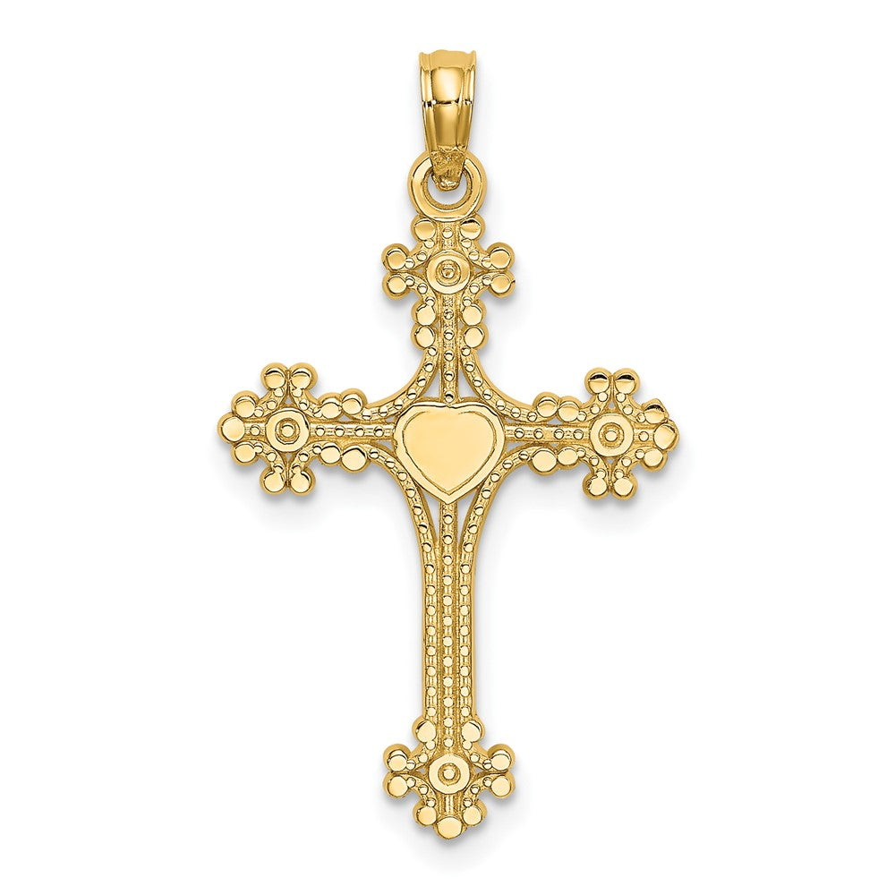 10K Beaded Tip Cross w/ Heart Center Charm-10K8366