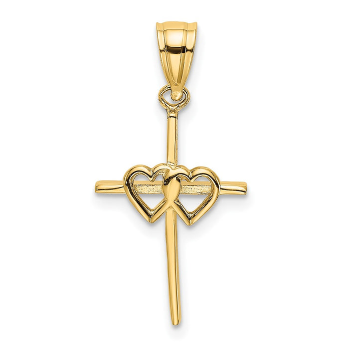 10K Polished Double Hearts On Stick Cross Charm-10K8397