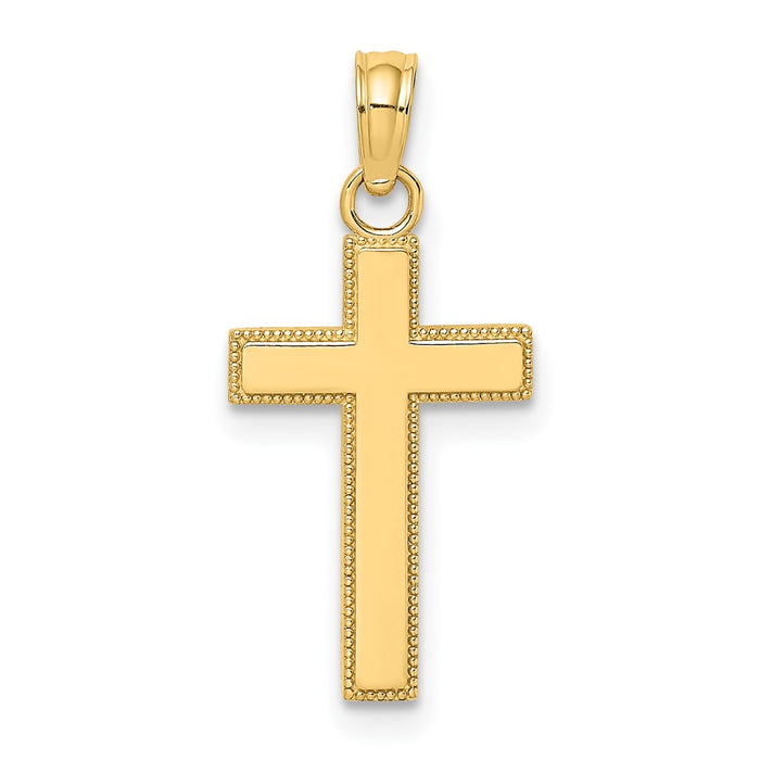 10K Polished Block Style Beaded Edge Cross Charm-10K8411
