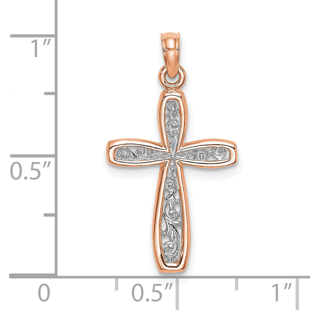 10K Rose w/ White Rhodium Filigree Center Border Cross-10K8515R