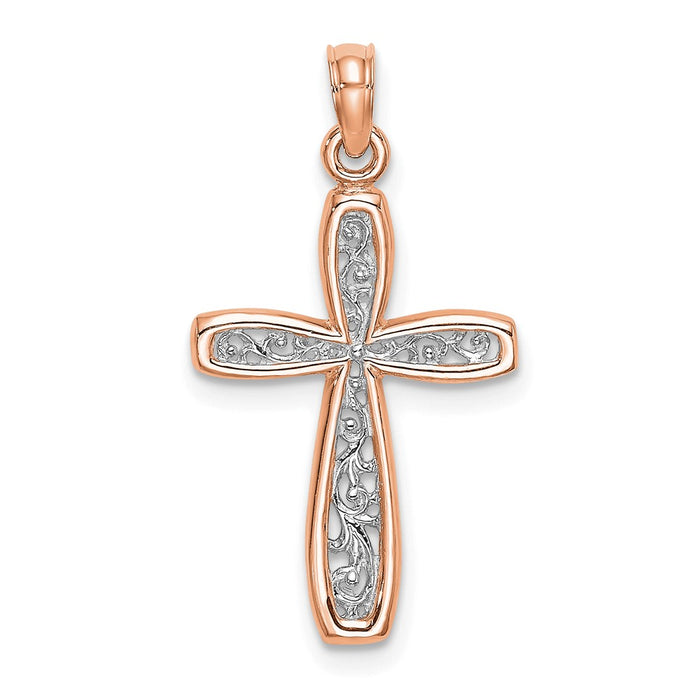 10K Rose w/ White Rhodium Filigree Center Border Cross-10K8515R