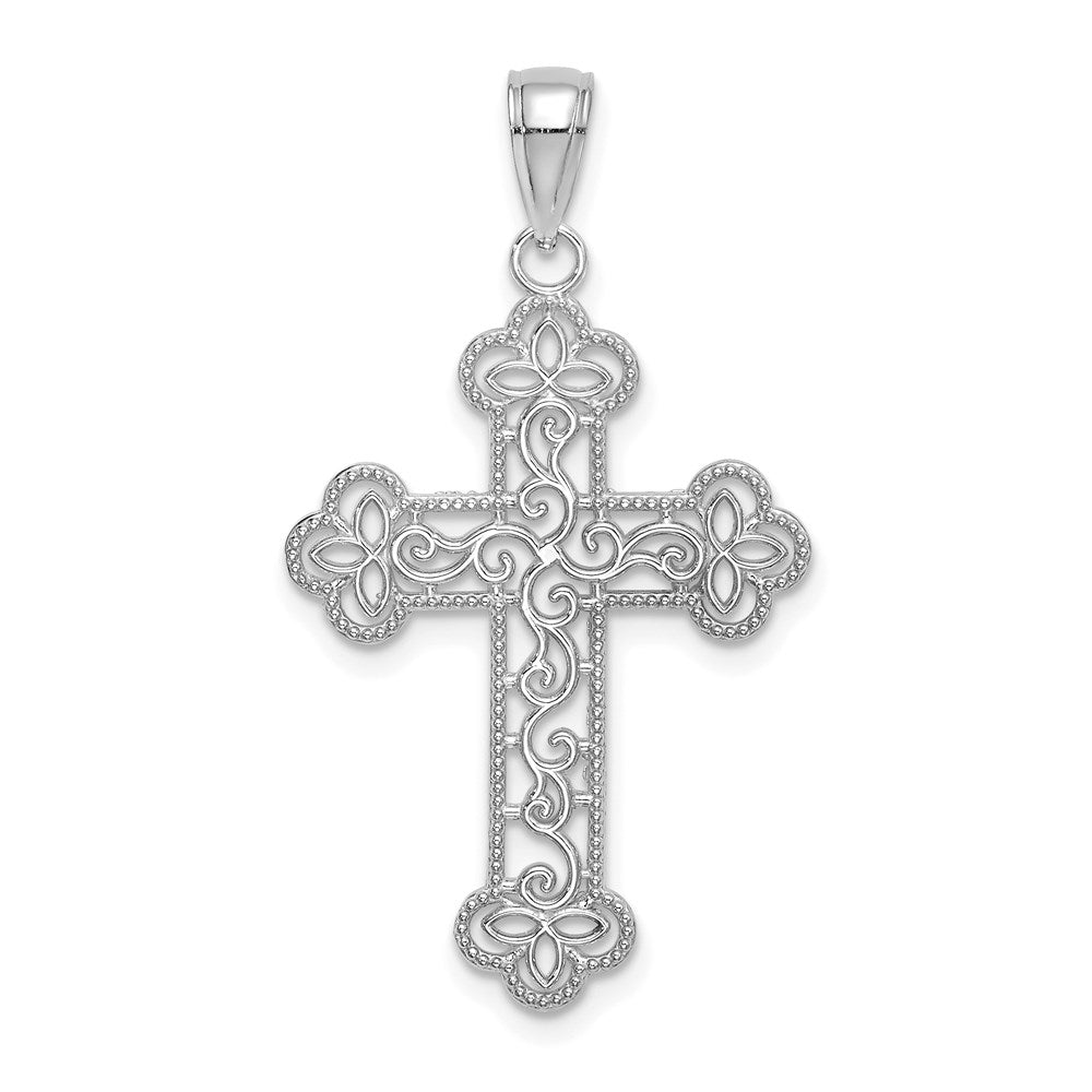 10K White Gold Textured  Beaded Edge Cross Charm-10K8547W