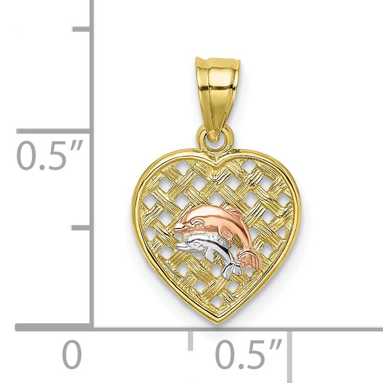 10K Two-tone w/Rhodium Double Dolphins On Woven Heart Charm-10K8980