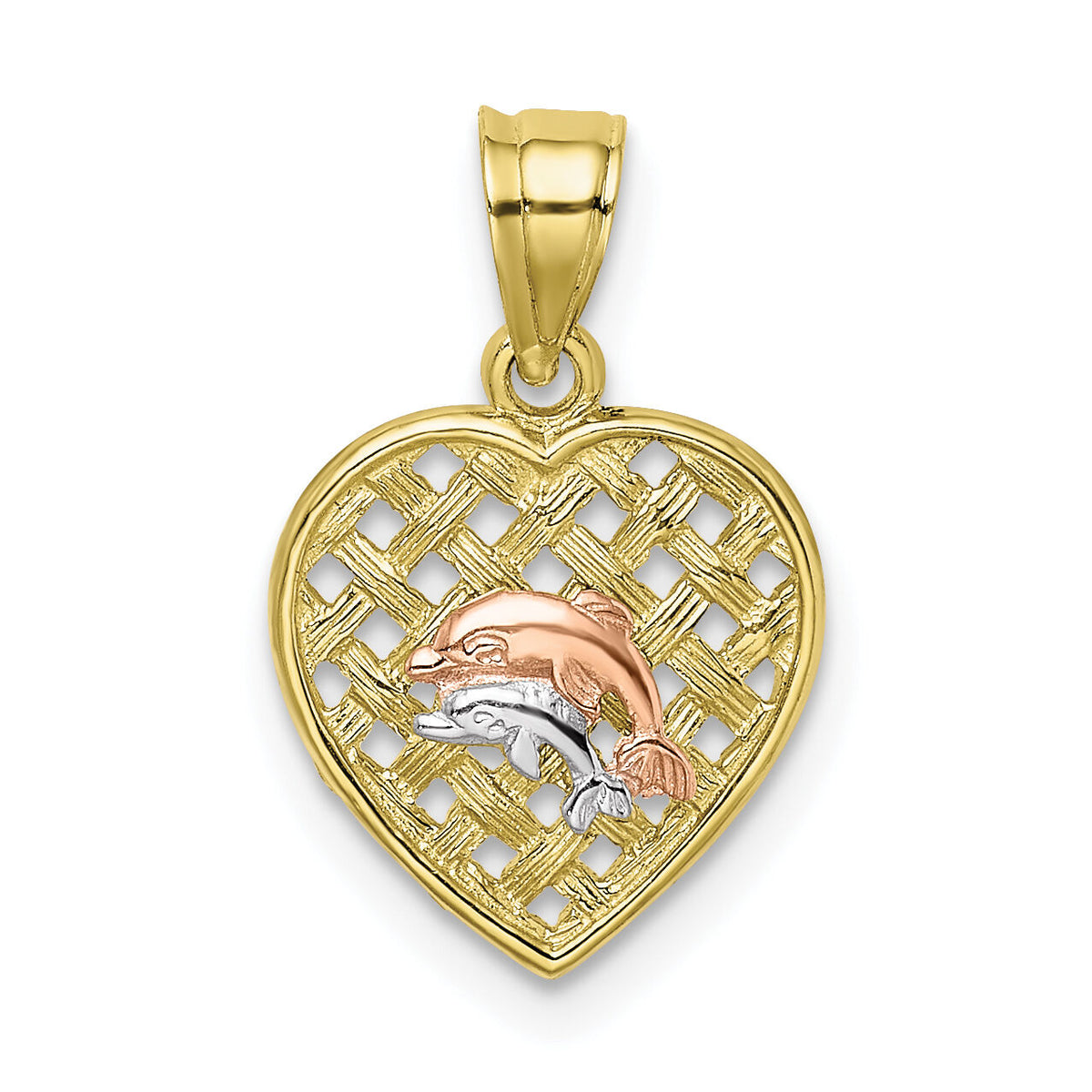 10K Two-tone w/Rhodium Double Dolphins On Woven Heart Charm-10K8980