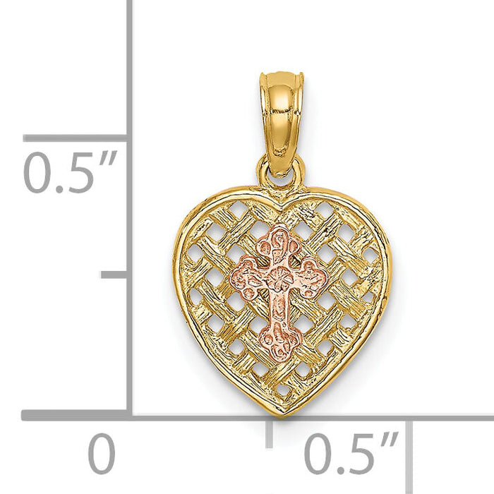 10K Two-Tone Cross on Woven Heart Charm-10K8999