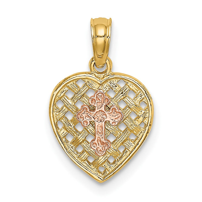 10K Two-Tone Cross on Woven Heart Charm-10K8999