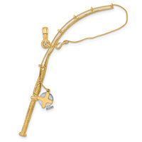 10K w/Rhodium 3-D Moveable Fishing Pole W/ Reel Pendant-10K9051