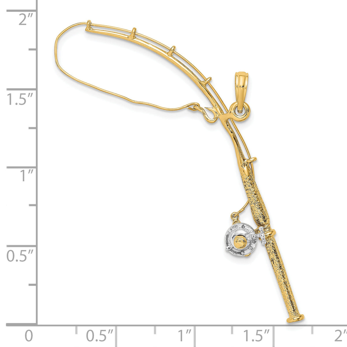 10K w/Rhodium 3-D Moveable Fishing Pole W/ Reel Pendant-10K9051