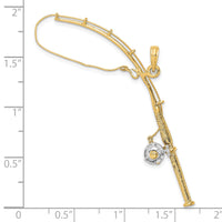 10K w/Rhodium 3-D Moveable Fishing Pole W/ Reel Pendant-10K9051