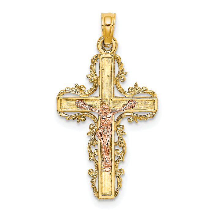 10K Two-Tone w/ Lace Trim Crucifix Charm-10K9055