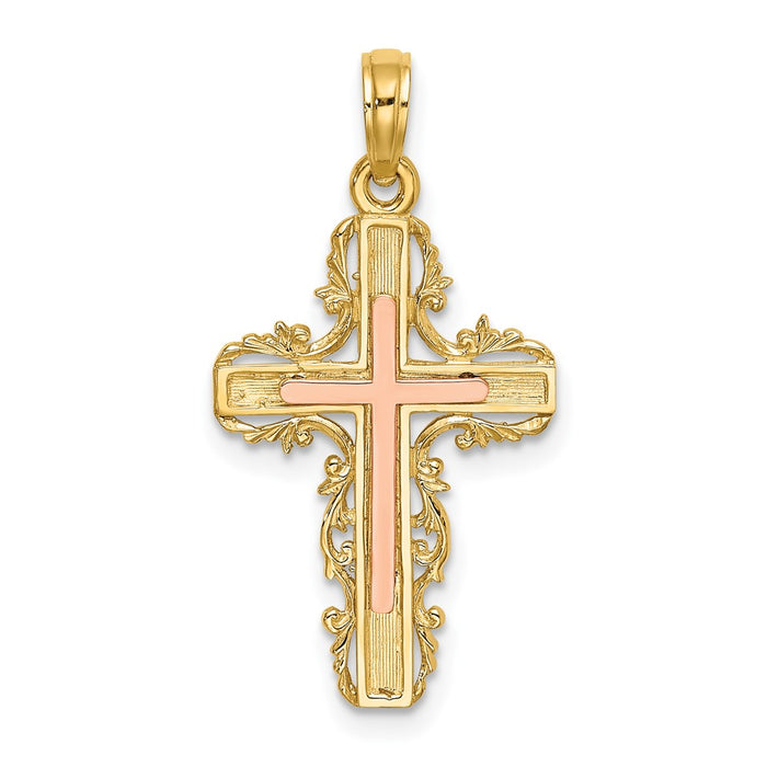 10K Two-Tone w/ Lace Trim Cross Charm-10K9059