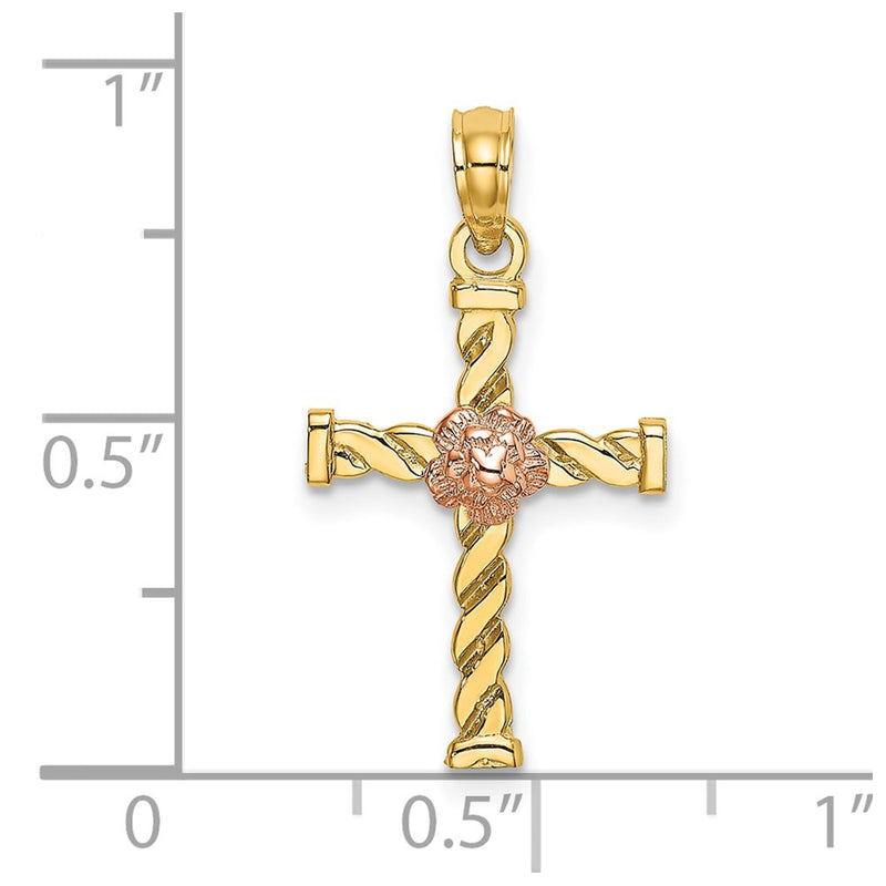 10K Two-Tone Twisted Cross w/ Flower Charm-10K9082