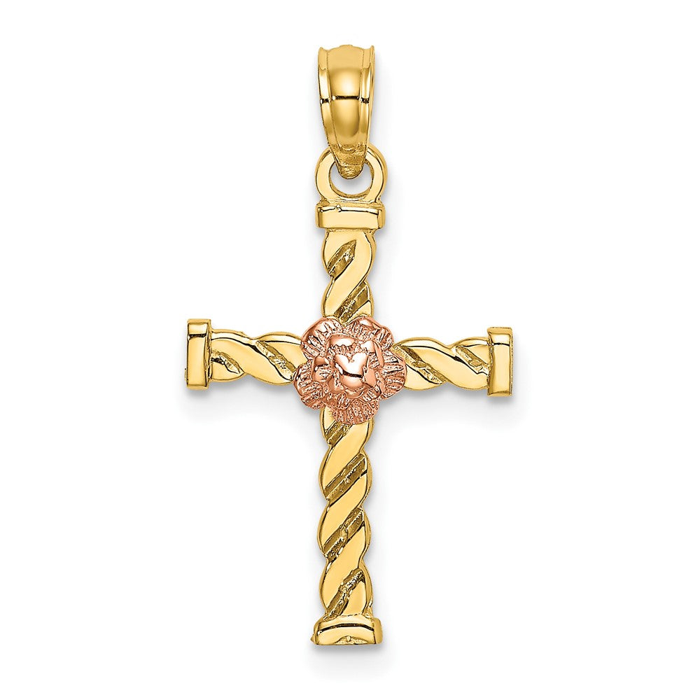 10K Two-Tone Twisted Cross w/ Flower Charm-10K9082