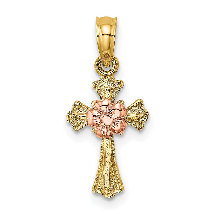 10k Two-Tone Cross w/ Small Flower Charm-10K9097