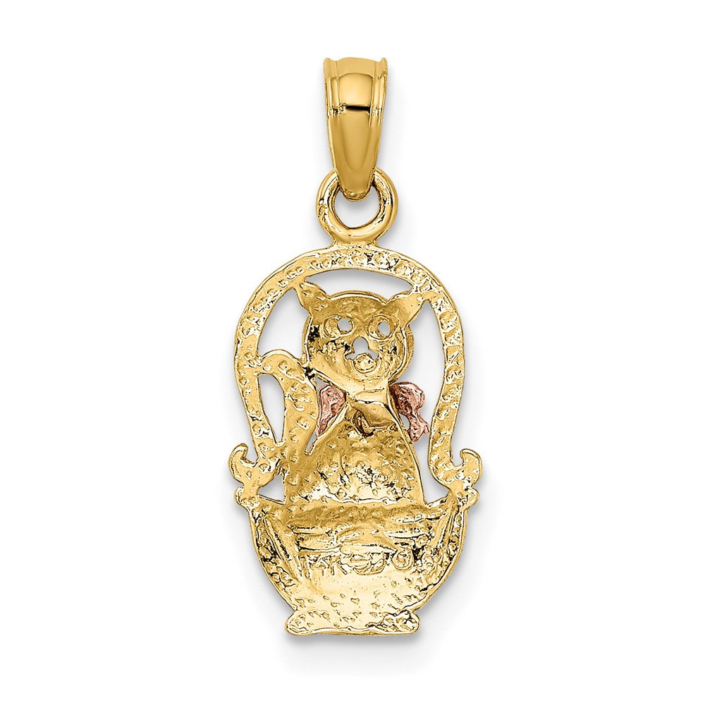 10k Two-Tone Cat w/ Bow In Basket Charm-10K9102