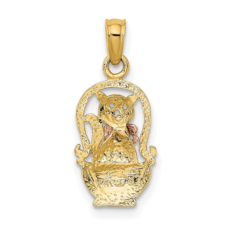 10k Two-Tone Cat w/ Bow In Basket Charm-10K9102