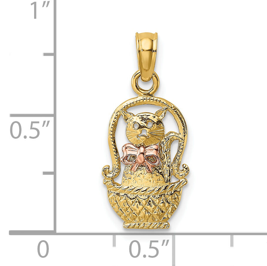 10k Two-Tone Cat w/ Bow In Basket Charm-10K9102