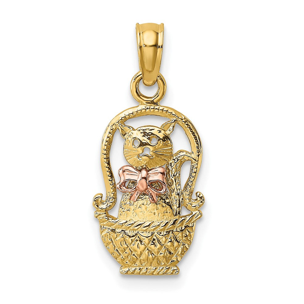 10k Two-Tone Cat w/ Bow In Basket Charm-10K9102