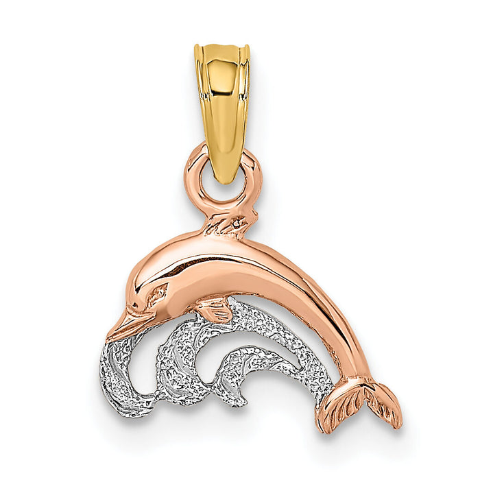 10K Two-Tone W/White Rhodium Dolphin and Wave Charm-10K9110