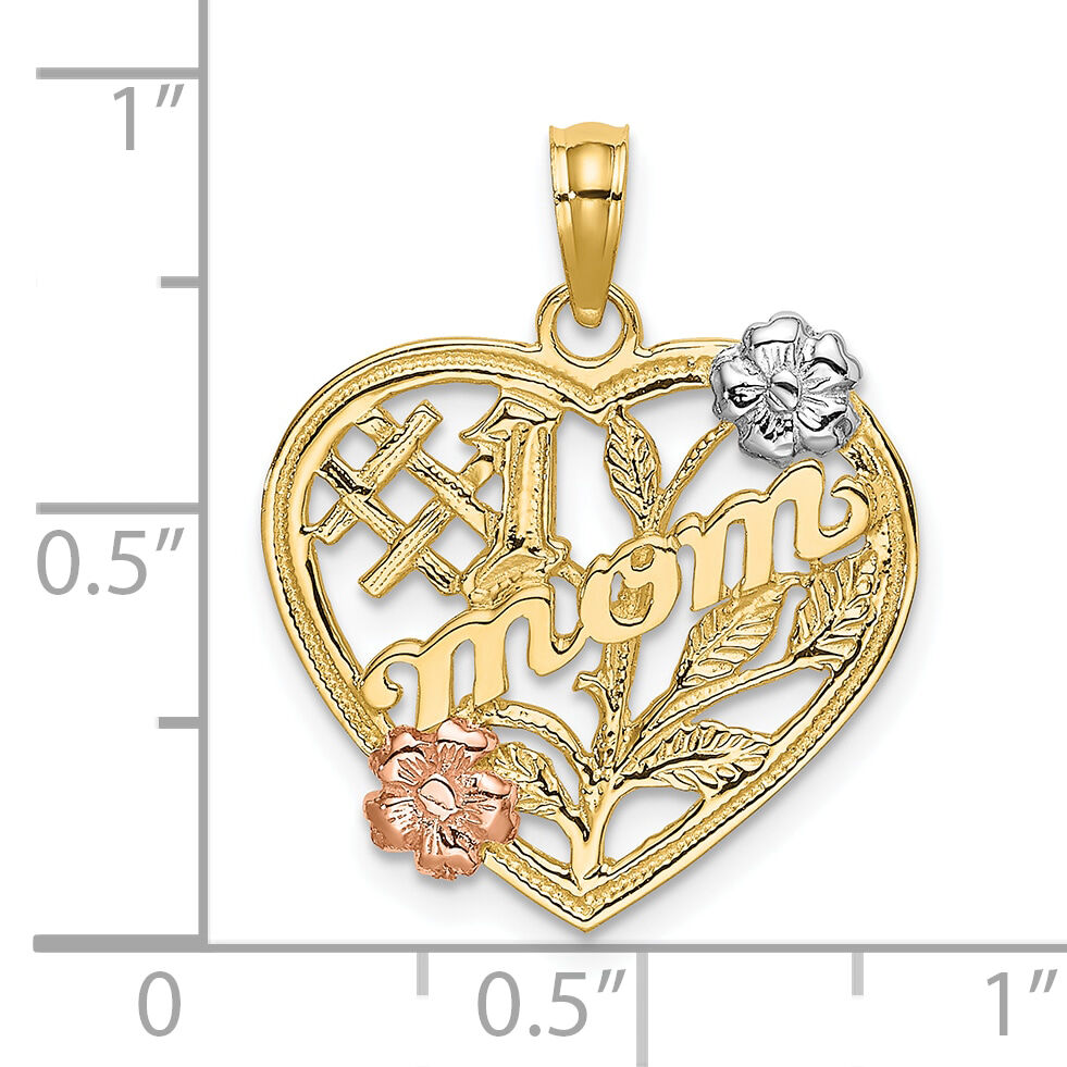 10k Two-tone w/White Rhodium #1 MOM Heart w/ Flower Charm-10K9141