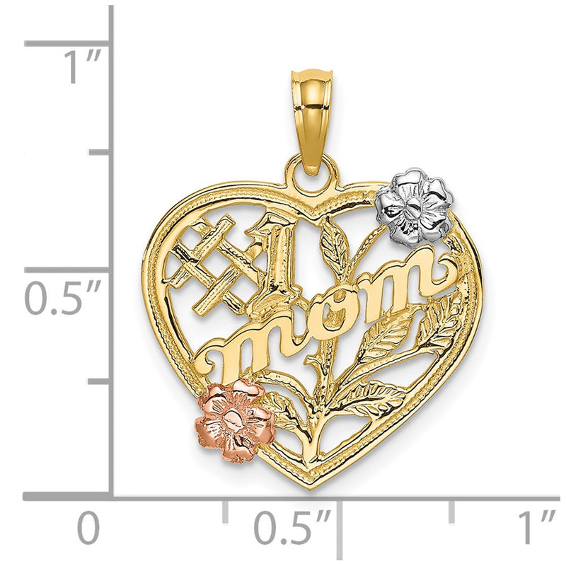 10k Two-tone w/White Rhodium #1 MOM Heart w/ Flower Charm-10K9141