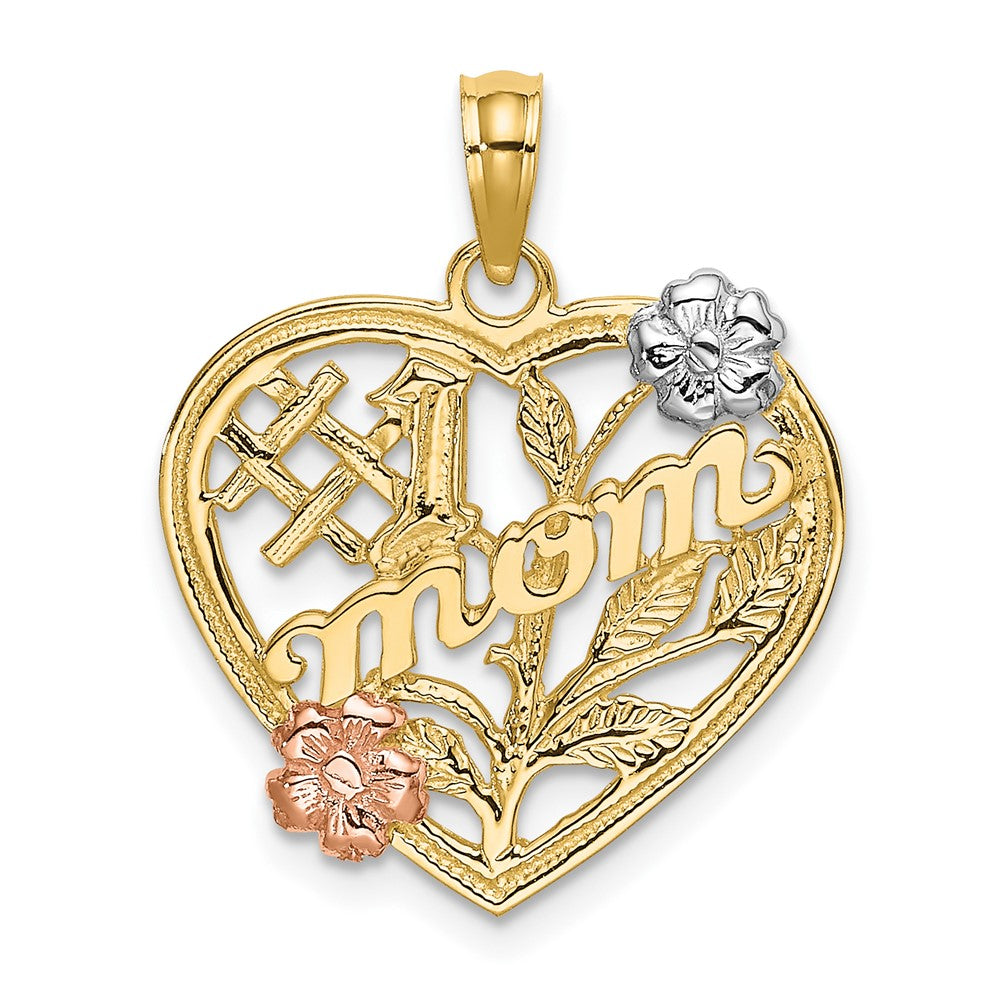 10k Two-tone w/White Rhodium #1 MOM Heart w/ Flower Charm-10K9141