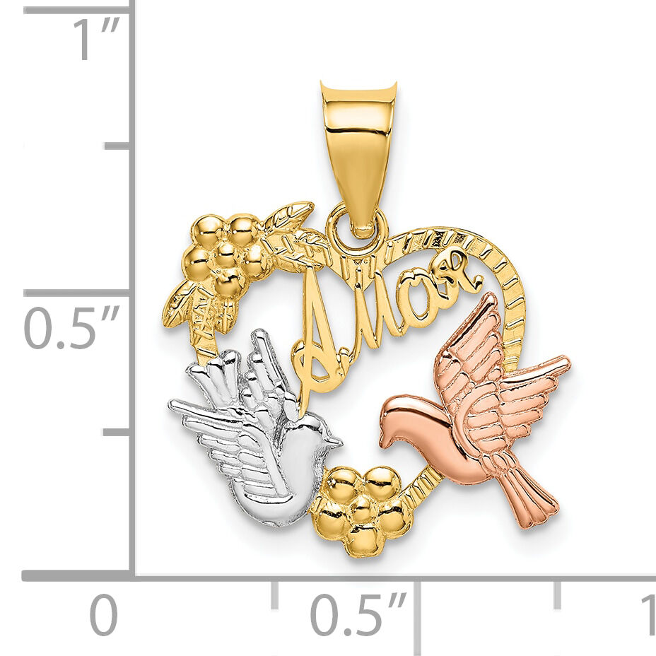 10k Two-tone w/White Rhodium AMOR Heart w/Doves Charm-10K9156