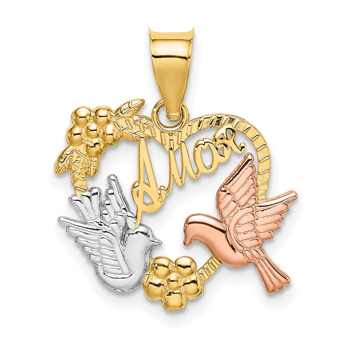 10k Two-tone w/White Rhodium AMOR Heart w/Doves Charm-10K9156