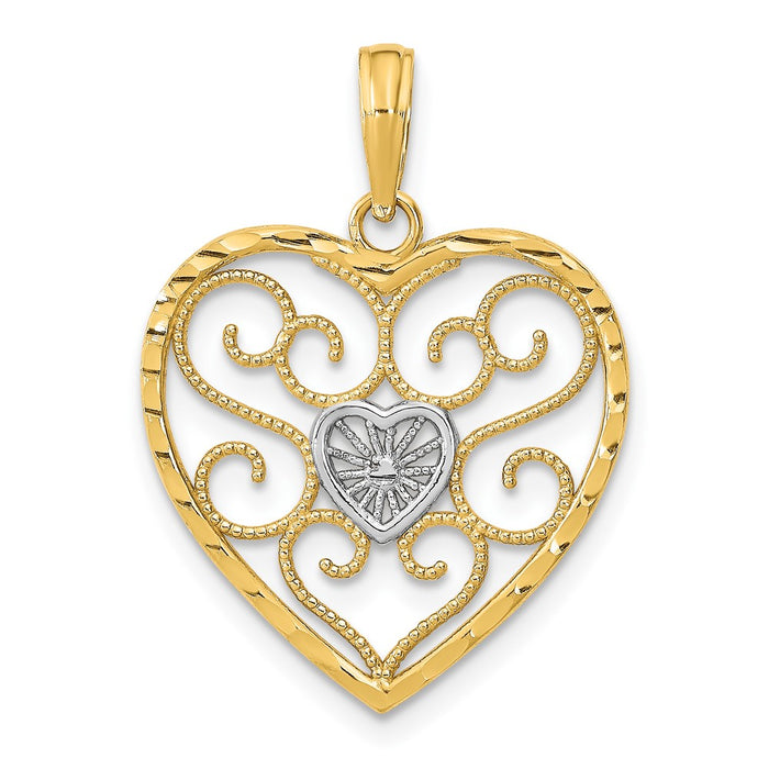 10k w/Rhodium Filigree Beaded Heart Charm-10K9169