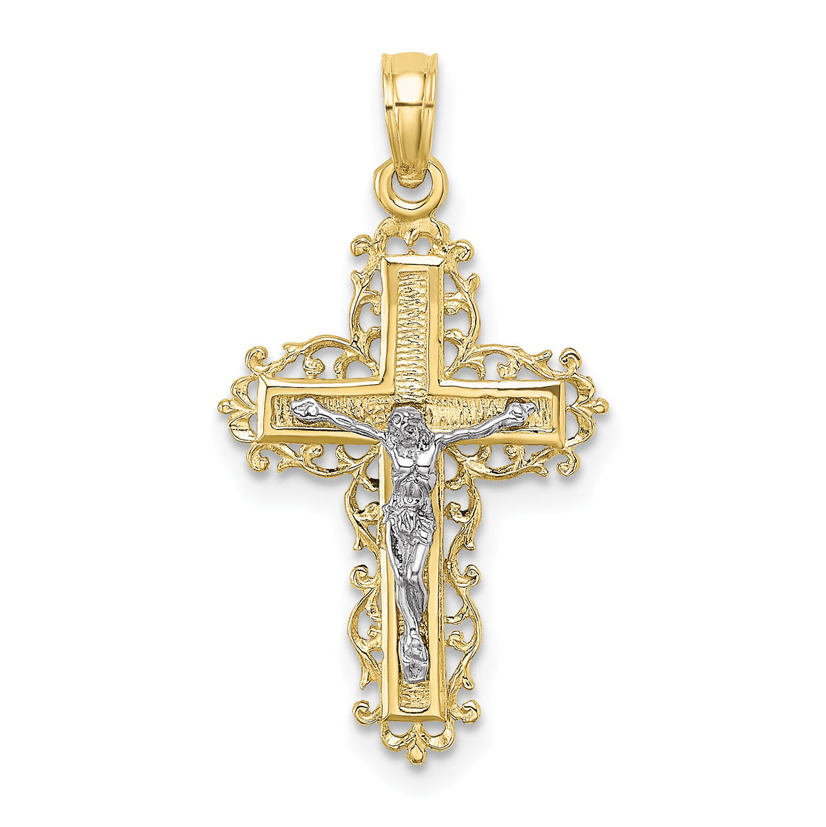 10K Two-tone Textured w/ Lace Trim Crucifix Charm-10K9174