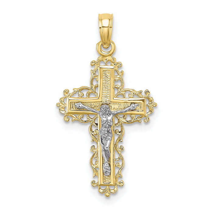 10K Two-tone Textured w/ Lace Trim Crucifix Charm-10K9174