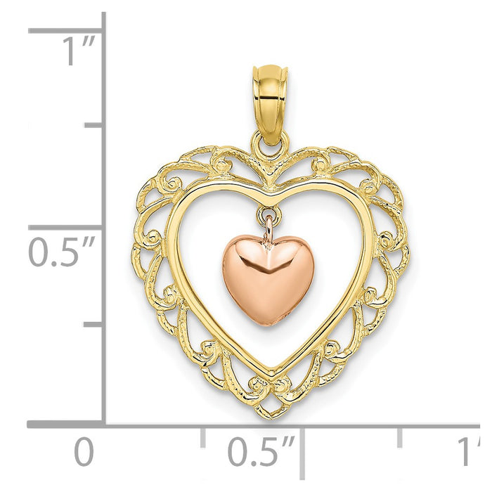 10k Yellow and Rose Gold Polished Dangling Heart In Heart Charm-10K9191