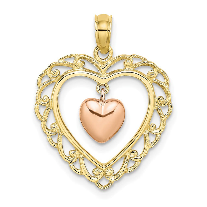 10k Yellow and Rose Gold Polished Dangling Heart In Heart Charm-10K9191