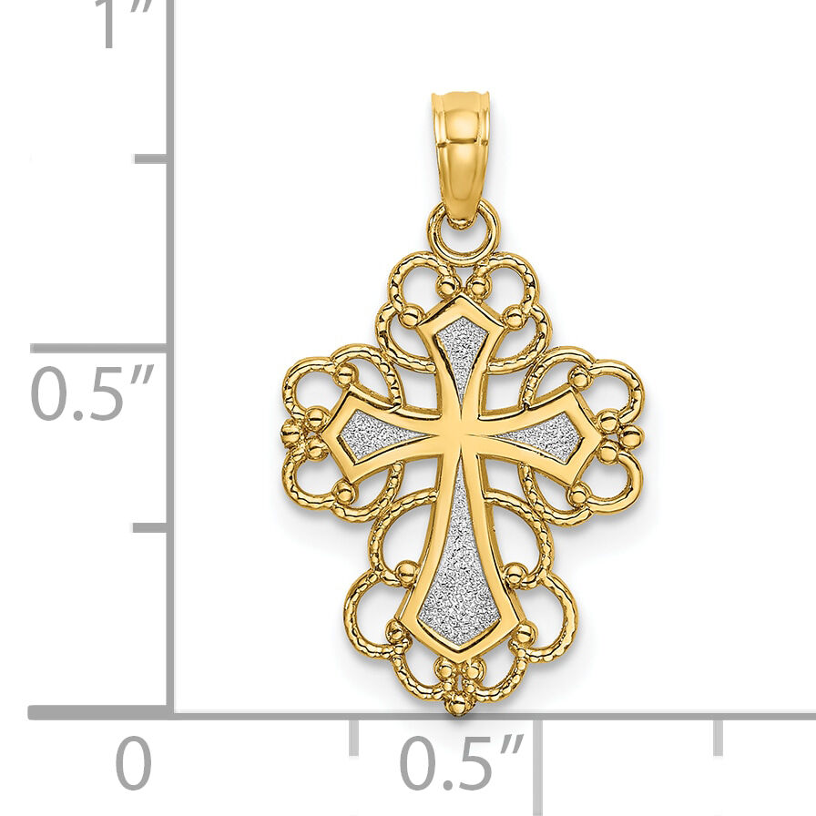 10K W/ Rhodium Beaded Lace Trim Cross Charm-10K9240