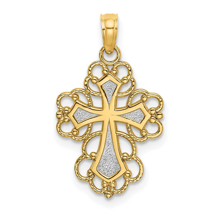 10K W/ Rhodium Beaded Lace Trim Cross Charm-10K9240